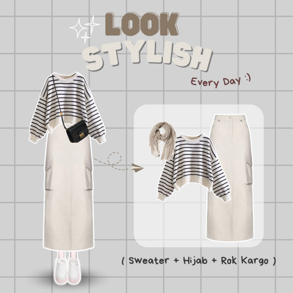 Outfit Wanita Remaja 3in1 ( Shabira Sweater Rajut Stripe Hitam Putih + Rok Kargo American Drill Crea