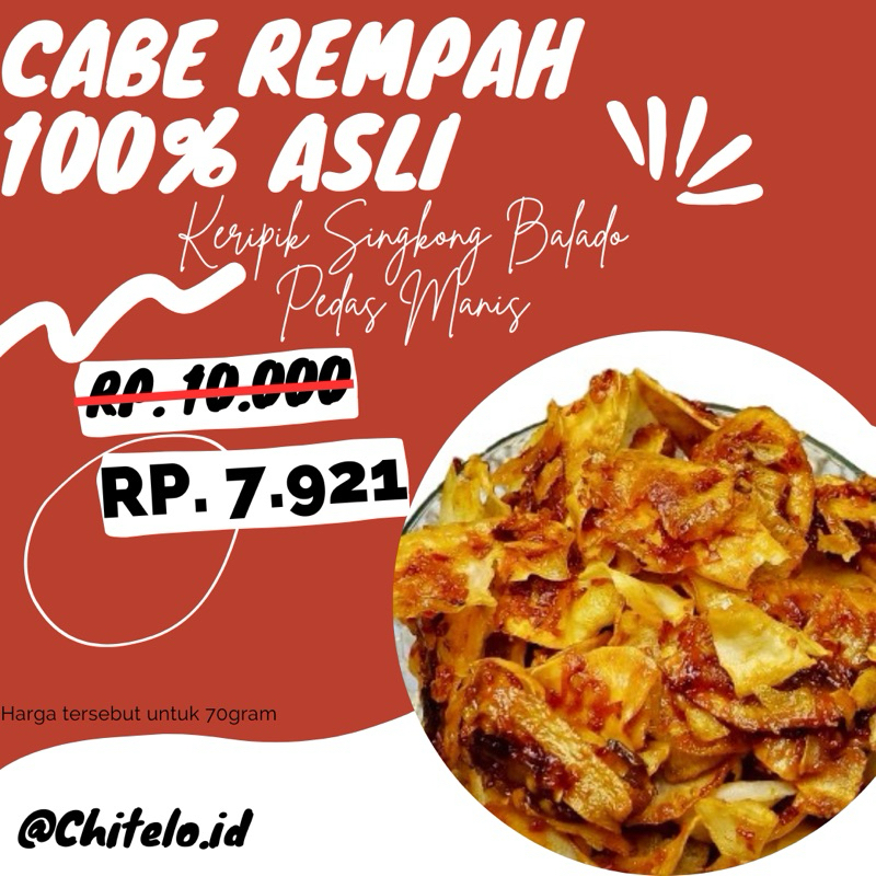 

CHITELO - KERIPIK SINGKONG PEDAS MANIS CABE ASLI TANPA PENGAWET (70gr)