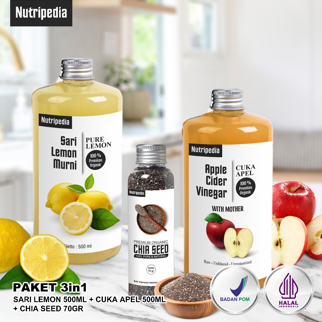 

Nutripedia - Paket Diet Sehat 3in1 Bundle Cuka Apel 500ml, Sari Lemon 500ml, Chia Seed 70Gr