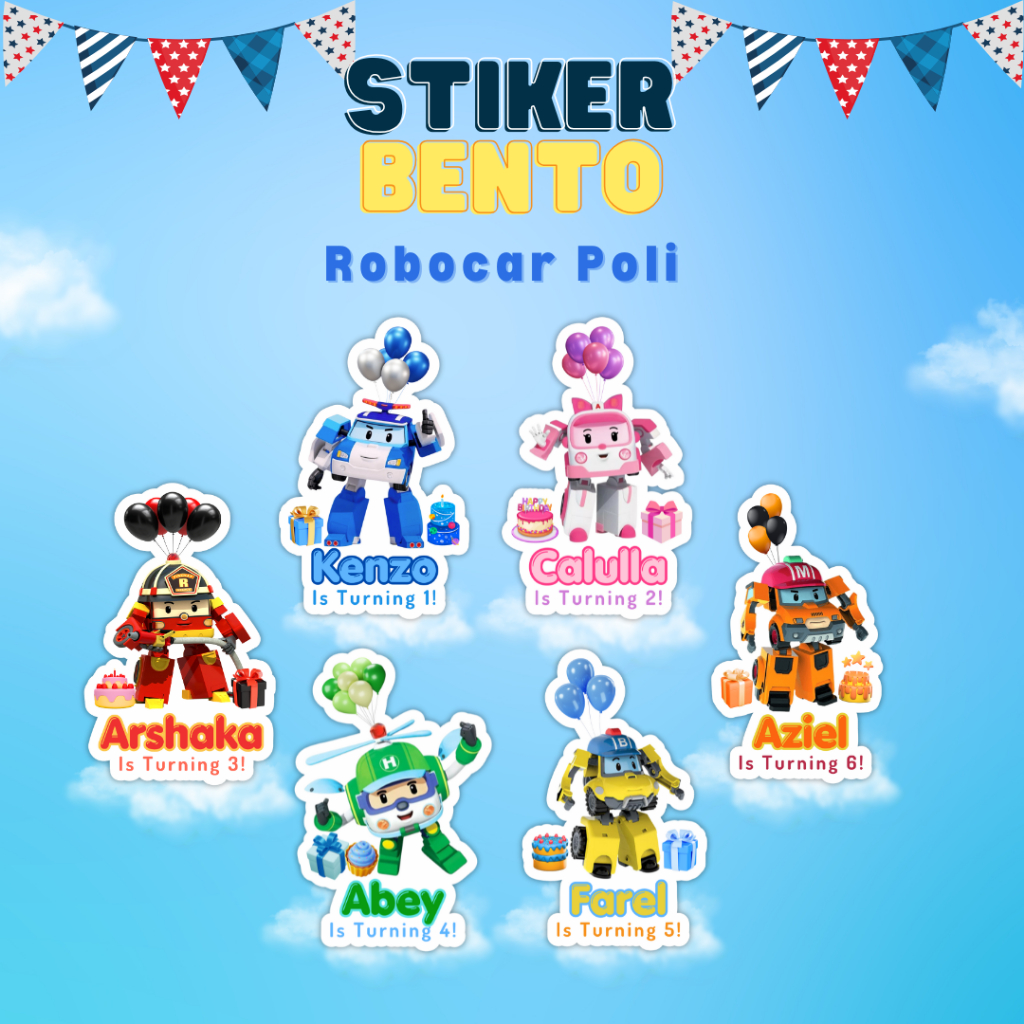 

[Robocar Poli] Cetak Sticker Bento Happy Birthday Custom Sticker Bento Birthday Anak I Label Sticker Bento Birthday Custom Tema