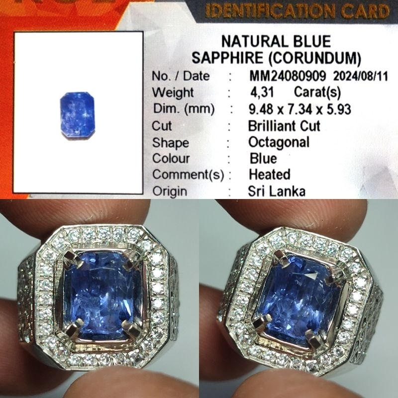 Natural Blue Sapphire Srilanka 4.3ct KGL Material Crystall Nice Color Good Luster Gemericik Ring Per