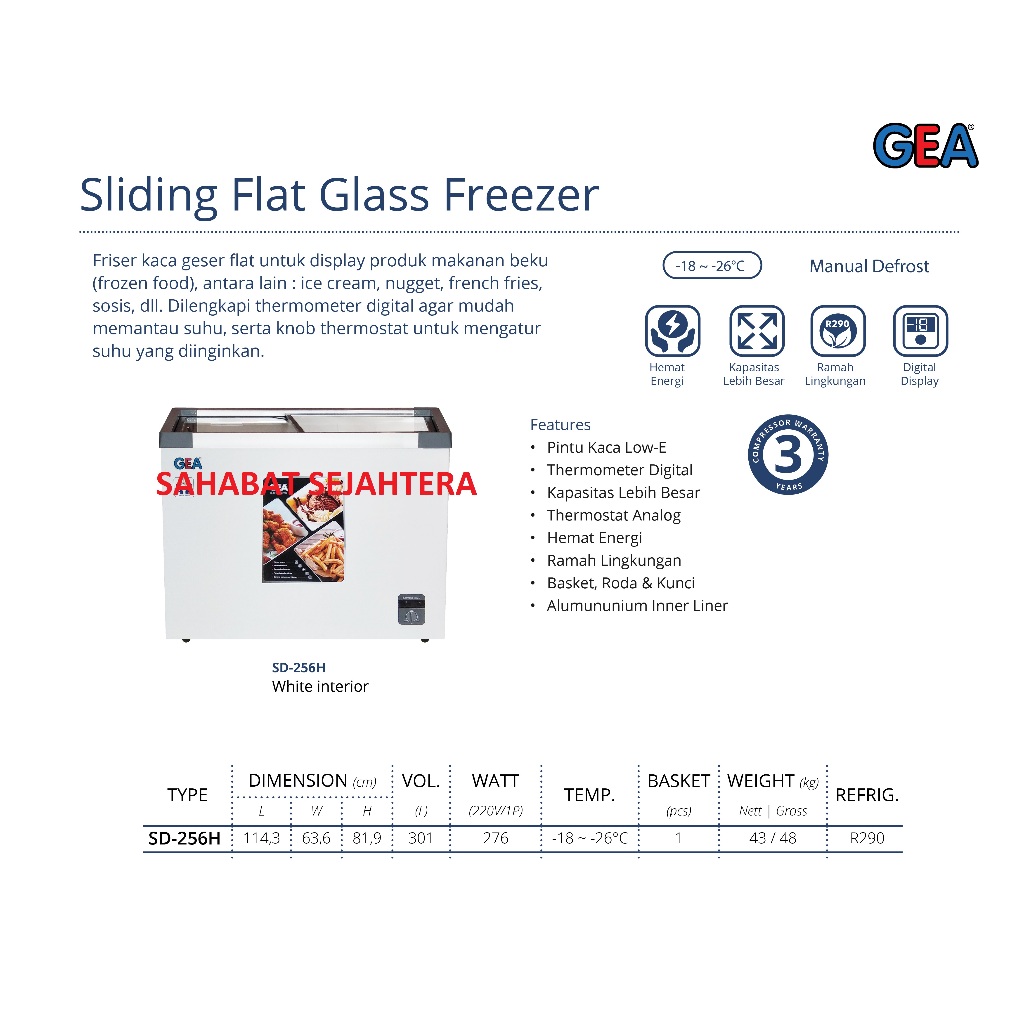 GEA Sliding Flat Glass Freezer SD-256H Freezer Sliding Kaca