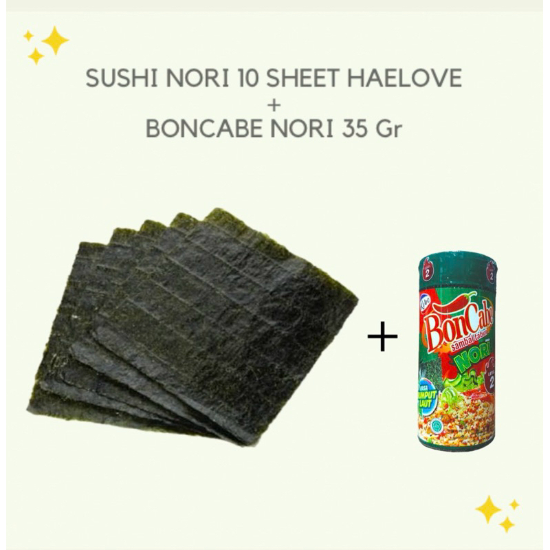 

BUNDLING SUSHI NORI HAELOVE 10 SHEET + BONCABE NORI 35Gr / YAKINORI / SAMBEL TABUR