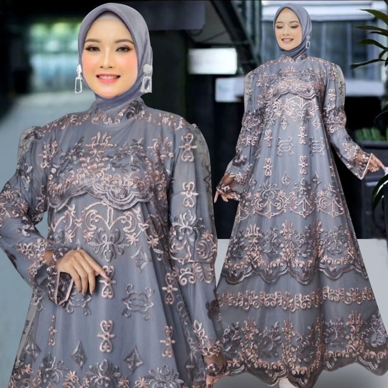 Bundayarti - Gamis pesta brokat tile bordir mewah kamila