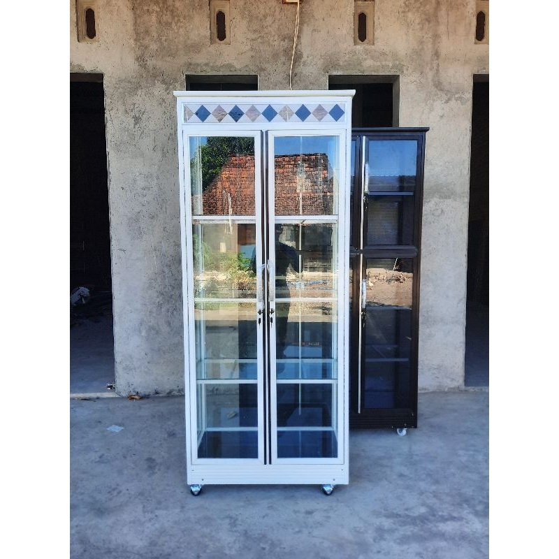 LEMARI KACA ALUMUNIUM FULL RAK PINTU 2 | LEMARI HIAS KACA ALUMUNIUM