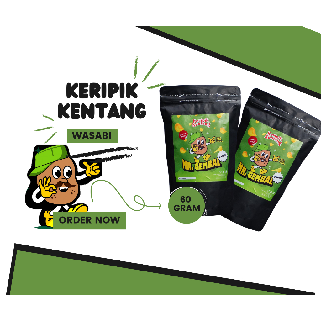 

Keripik Kentang Wasabi 60g Mr. Gembal Camilan Sehat, Enak dan Lezat Keripik Kentang Original