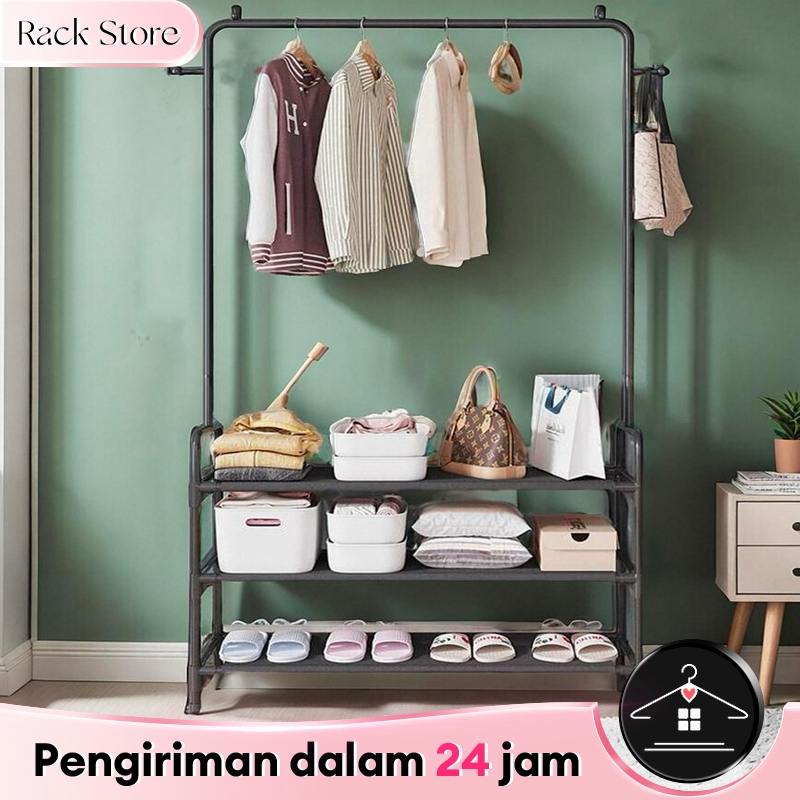 Rak Gantungan Baju stand hanger baju rak buku dengan 4 roda  Stand Hanger Multifungsi