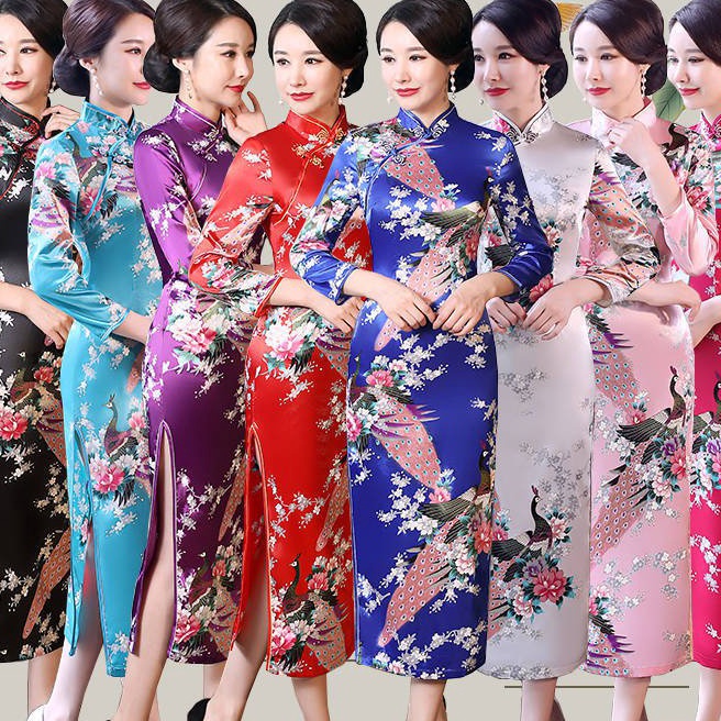 KF7 Lengan Panjang Cheongsam Wanita Cheongsam Retro Etiket Kostum Catwalk Dress