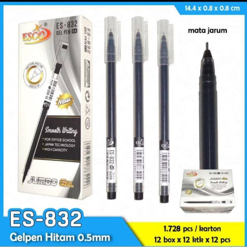 

(12pcs)Esco Mini Pen Gel ES 832 0,5 Tinta Hitam Anti Macet Luntur murah grosir lusin stationery