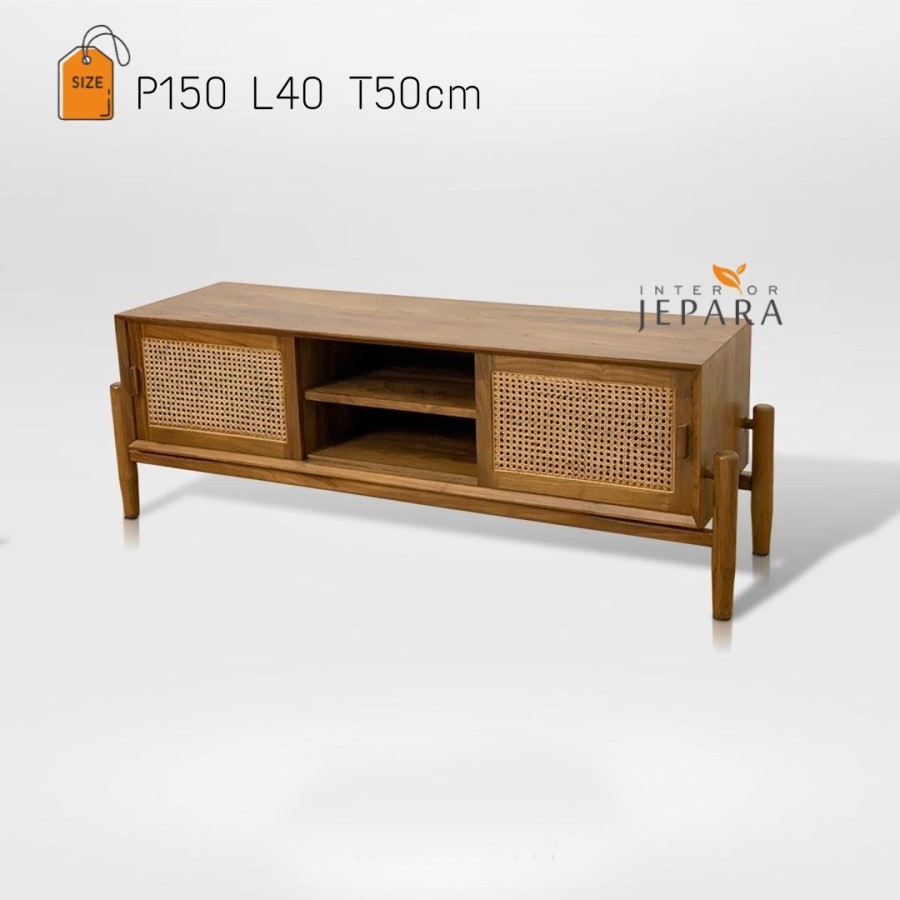 Meja Tv Kombinasi Kayu Jati dan Rotan