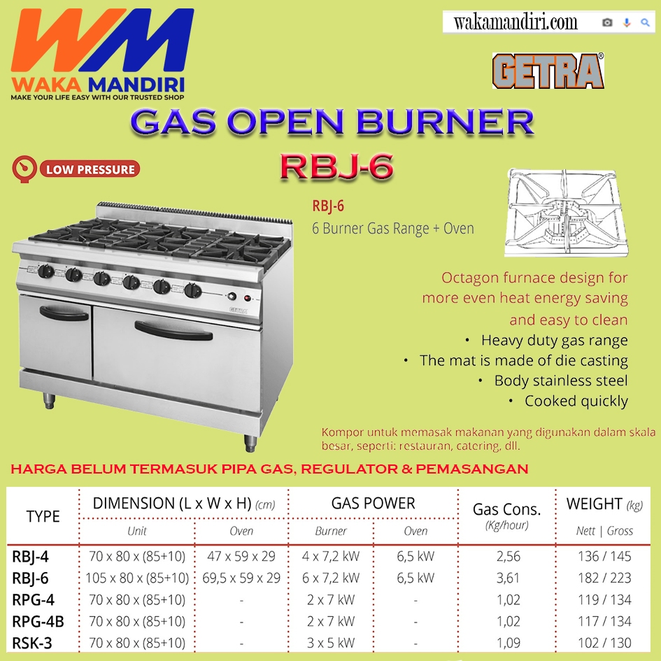 GAS OPEN BURNER GETRA RBJ-6 KOMPOR OVEN STAINLESS 6 TUNGKU RBJ 6