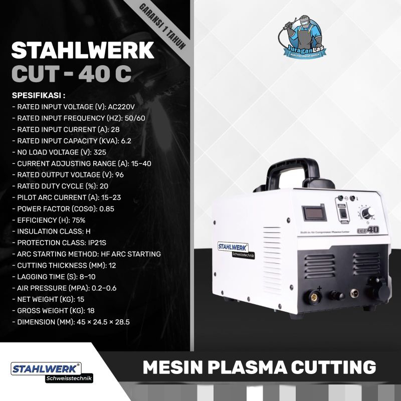 Mesin plasma cutting 40A + kompresor merk Stahlwerk CUT-40C