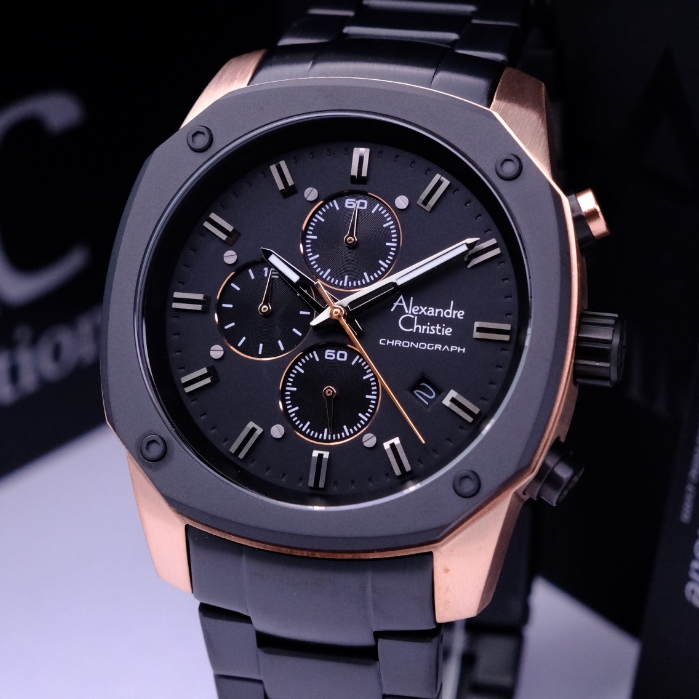 Alexandre Christie Pria Terbaru Chronograph Series Original Warna Black Rosegold - AC6658