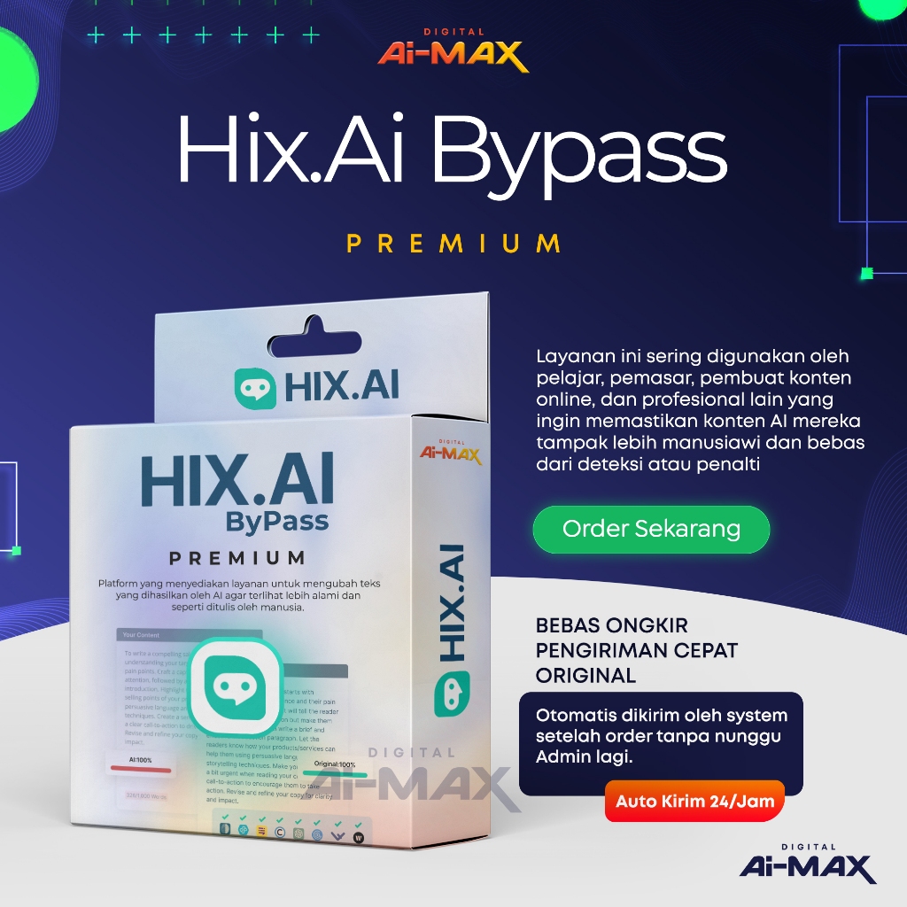 [𝗜𝗻𝘀𝘁𝗮𝗻𝗔𝘂𝘁𝗼𝗧𝗲𝗿𝗶𝗺𝗮] HIX AI BYPASS UNLIMITED - SELF REDEEM | ANTI TURNITIN & AI DETECTOR | GARANSI 7 H