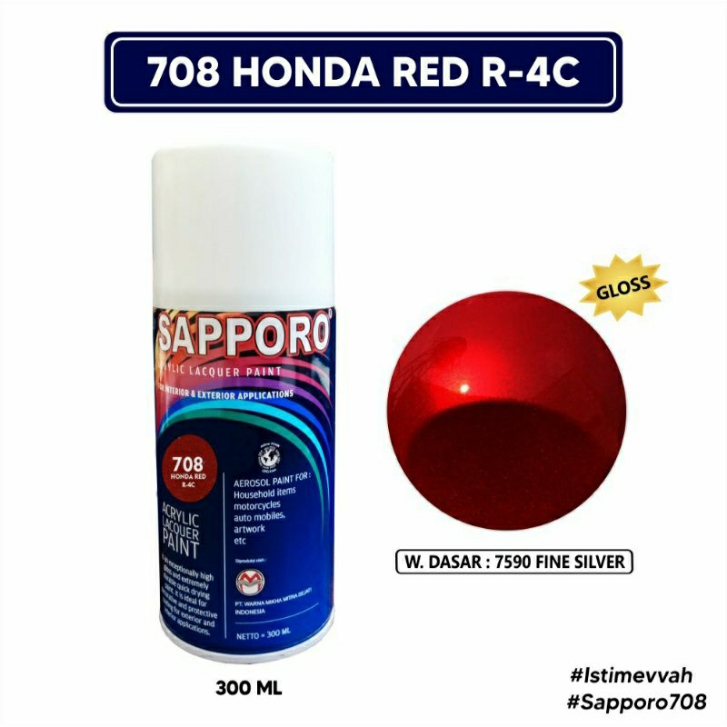 #MAU# Cat Semprot Sapporo 708 Honda Red R-4C 300ml Candy Tone Merah Honda Cat Spray Duco Sapporo Ult