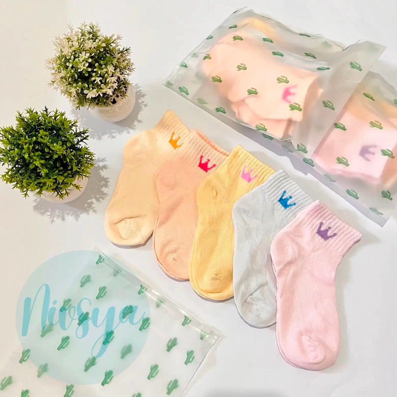 Set Kaos Kaki Anak Free Pouch 5 pasang Kaus Kaki Anak Polos Warna Warni Motif Crown Anak TK dan SD