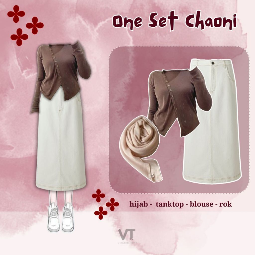 One Set Chaoni (Hijab, Blouse, Rok) OOTD Hijab Korea Style ✿ Bella Square Soft Latte ✿ Blouse Rib Kn