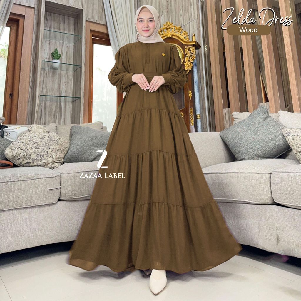 Zazaa Label - Zelda Gamis Polos Ceruty Wanita Busui Mewah Pesta Model Susun Lengan Balon