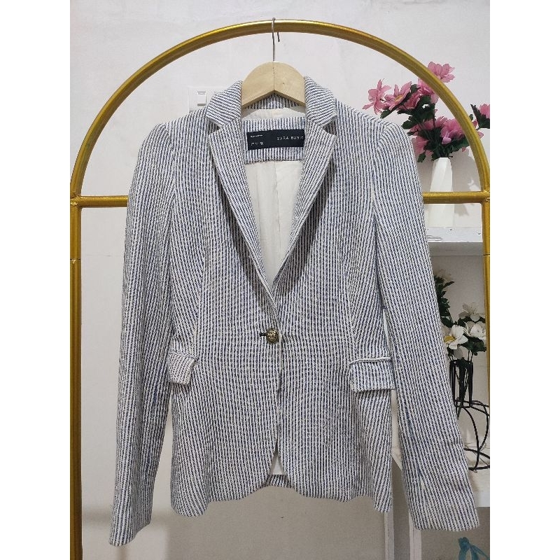 Made in SPAIN Blazer ZARA tweed wol Striped original Salur garis white-blue tagwash complate LD86-90