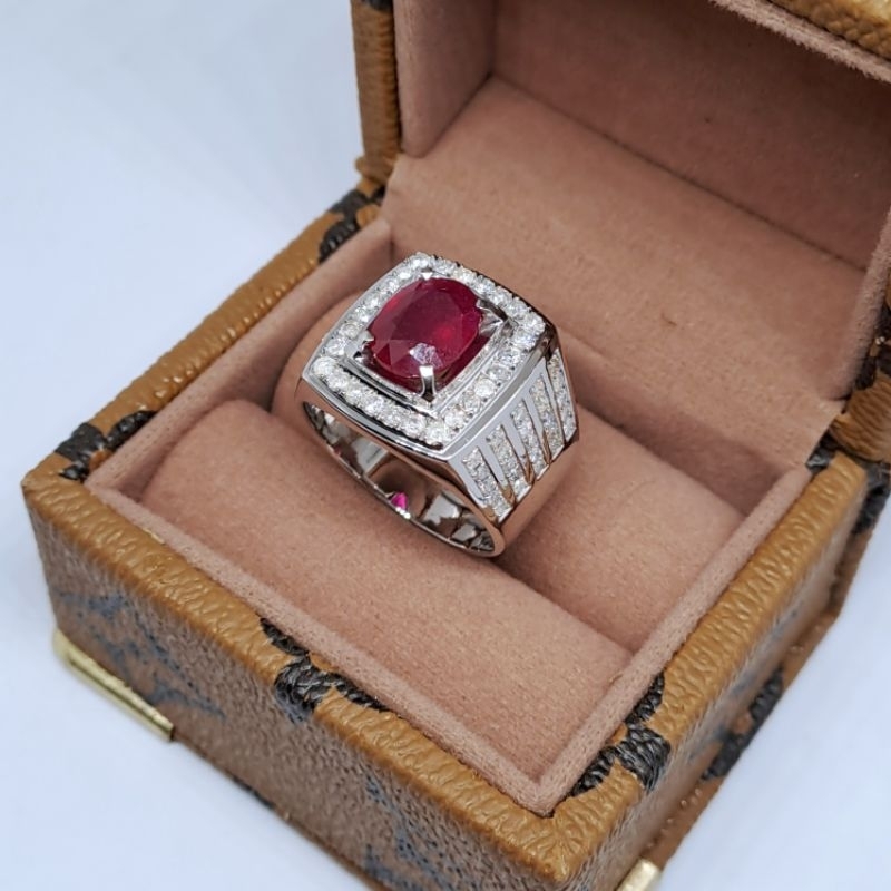 Cincin Berlian Asli Pria Perak Batu Ruby