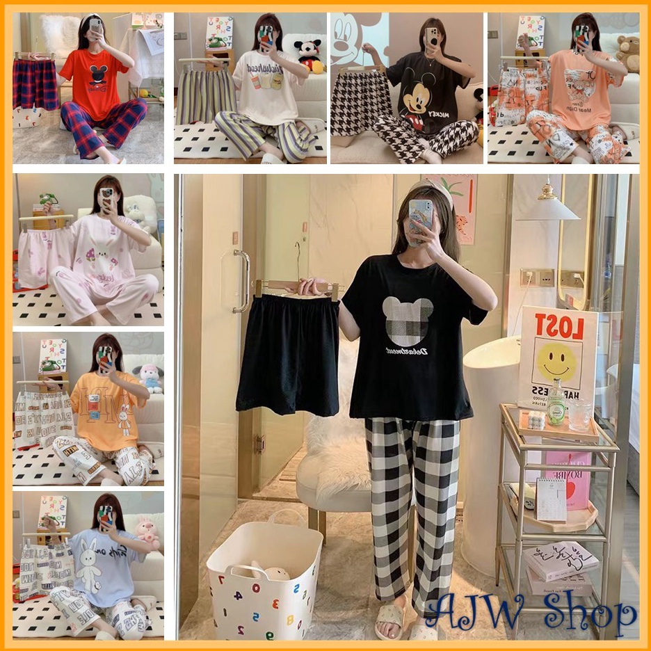 AJW Shop Piyama 3 in 1  Piyama Lengan Pendek  Baju Tidur Impor  Baju Tidur 3in1