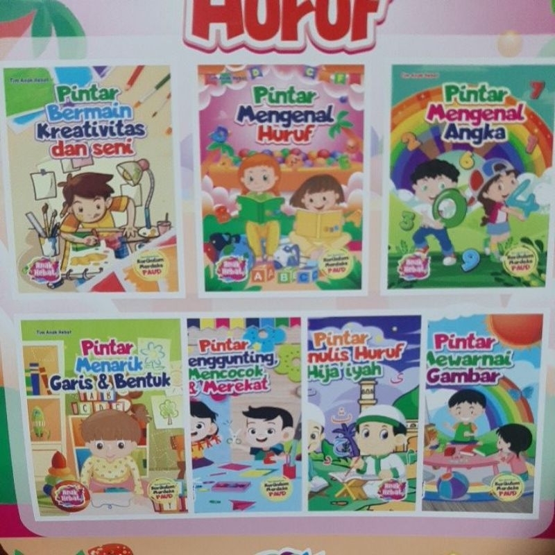 buku seri anak PAUD pintar menulis huruf, angka, hijaiyah, garis bentuk, mewarnai, menggunting