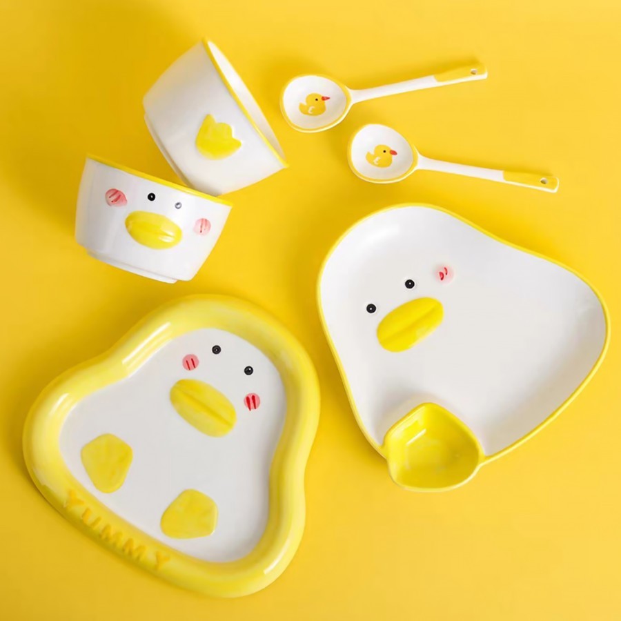 Set 6pc Piring Mangkuk Sendok Yellow Duck Bebek Kuning Porselen Keramik Baby Gift Kado Dinnerware