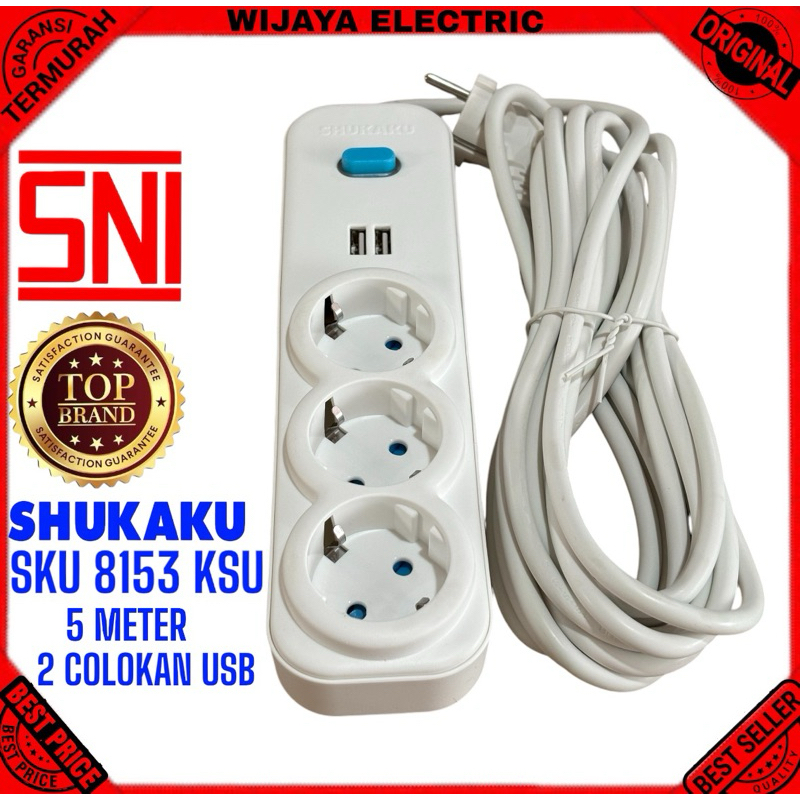 Shukaku premium stop kontak kabel + saklar + 2 Colokan Usb 3 lubang 5 meter Tembaga Murni SKU 8153 K