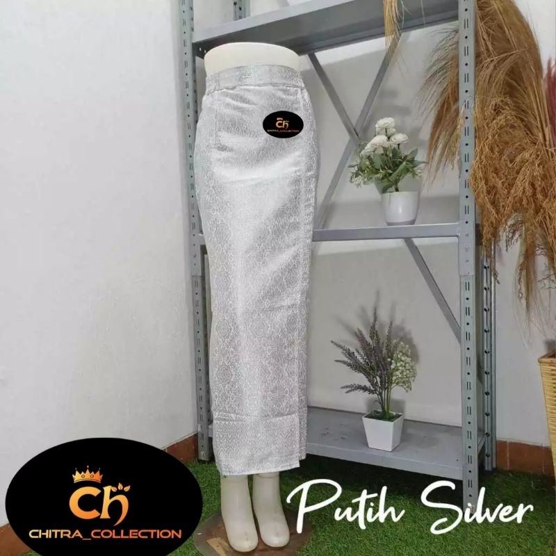 Rok Span Songket Kebaya Wanita//Rok Songket Jadi/Rok Span Songket Belah Samping Karet Pinggang Putih