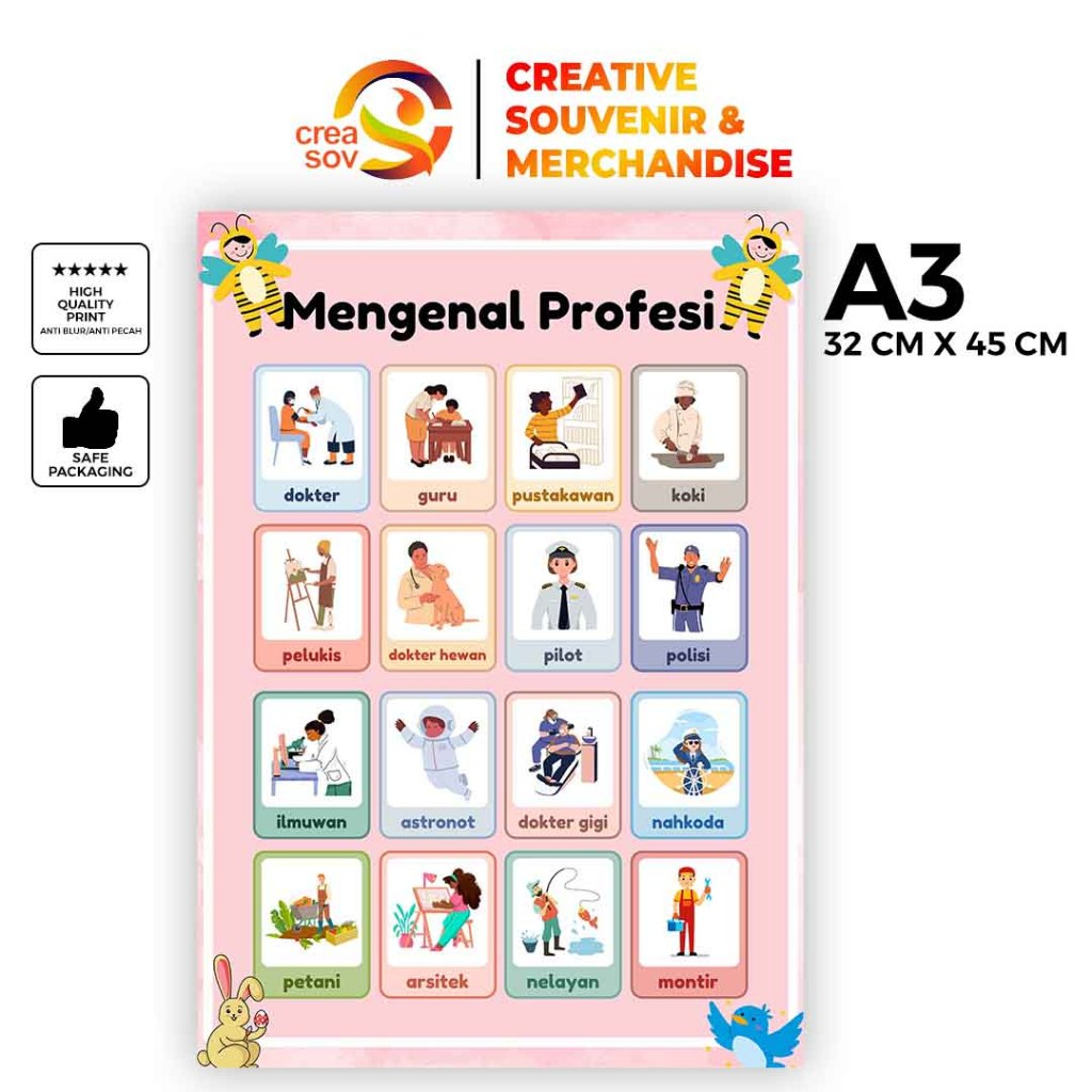 Creasov - Poster Mengenal Profesi/Pekerjaan Poster Edukasi Profesi Poster Ukuran 32X45 cm