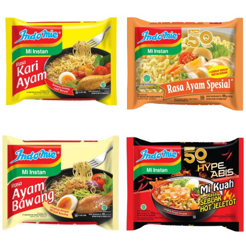 

INDOFOOD Indomie Mi Instan Kuah Kari Ayam | Ayam Bawang | Ayam Spesial | Soto Mie | Soto Lamongan | Soto Banjar | Soto Spesial | Rawon | Cakalang | Mi Kocok Bandung | Empal Gentong