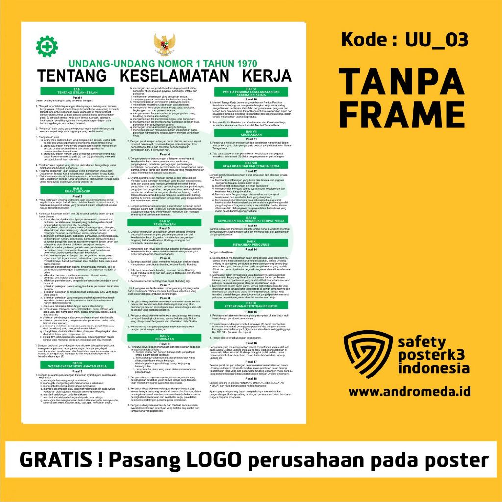 Safety Poster K3 UU No 1 Tahun 1970 Tentang Keselamatan Kerja_Hijau