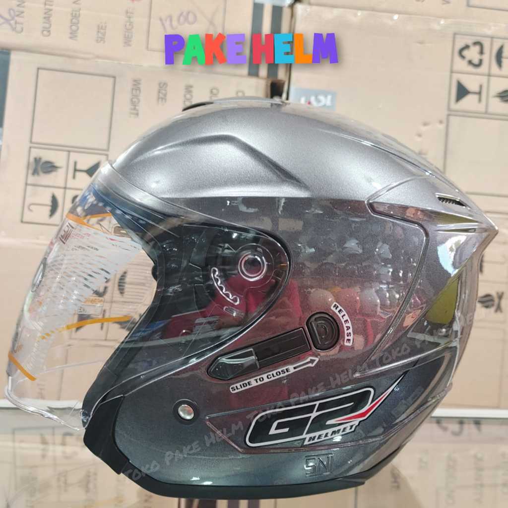 HELM G2 OPTIMAX GUN METAL GLOSSY HALF FACE DOUBLE VISOR MURAH