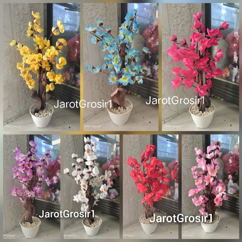 BUNGA HIAS PLASTIK SAKURA MEJA + VAS DAN BATU // BUNGA HIAS PLASTIK SAKURA // BUNGA HIAS SAKURA DEKO