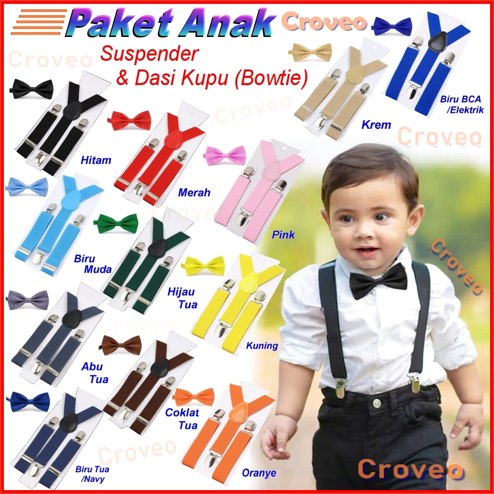 PAKET Suspender Bretel ANAK Dasi Kupu Bowtie Balita Laki Hitam Pesta Bayi Anak2 Wedding Krem Merah C
