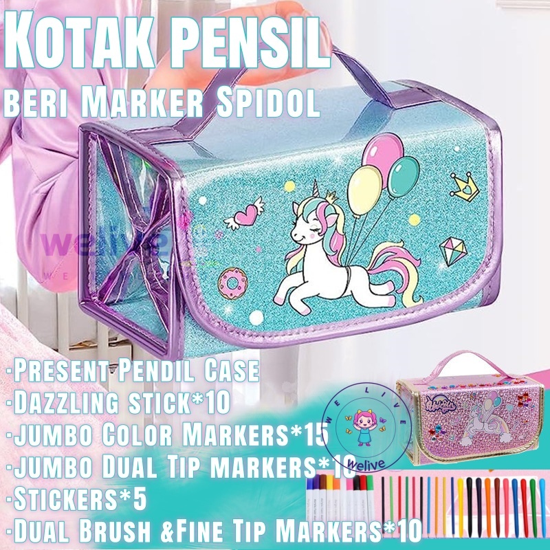 

Kotak pensil➕beri Marker Spidol❤️Anak-anak warna pena set 48/50pcs anak-anak pensil tas empat penyimpanan desain terintegrasi mudah dibawa