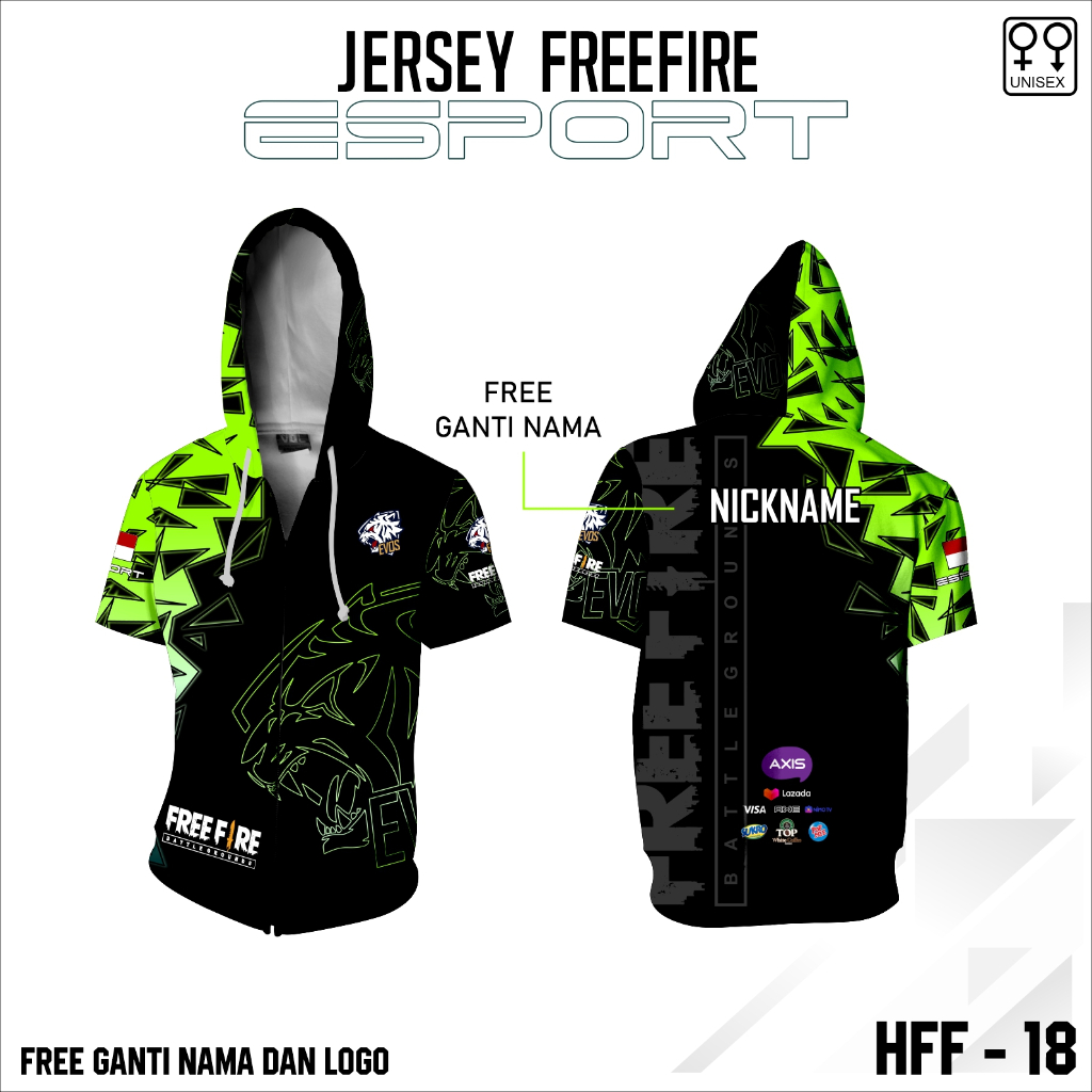 Jersey e sport baju ff kaos esport gamer ff terbaru hoodie zipper dewasa lengan pendek