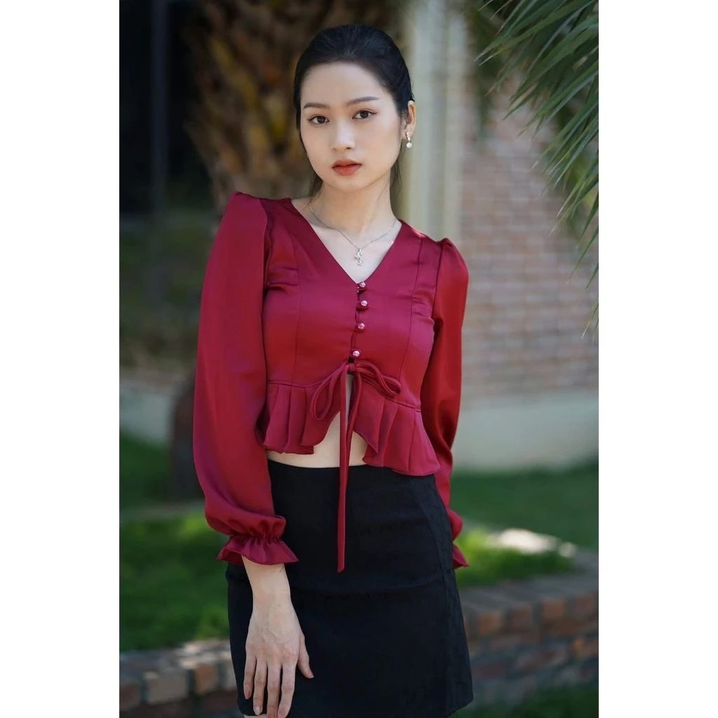 MF - MRX Baju Wanita KINNA TOP Lengan Panjang / TESSA TOP / ATASAN CROP WANITA KANCING TALI / BLOUSE
