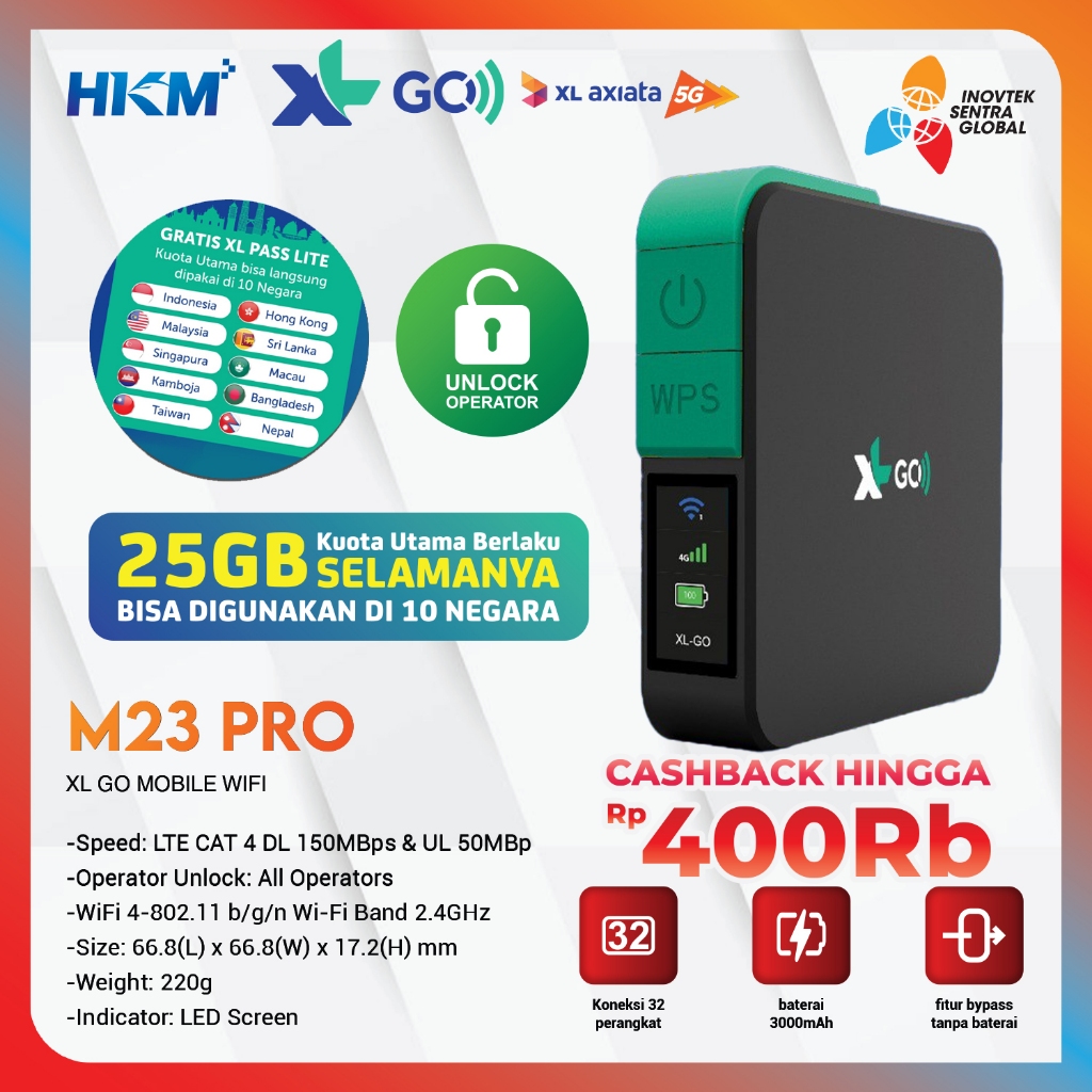 HKM M23 PRO Modem Mifi Wifi XL GO IZI 4G Portable Bypass & Unlock Bonus Data 25GB