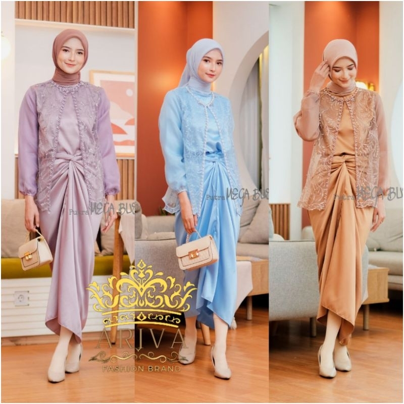 Reyna Oneset Dress Outer Tile Bordir Mutiara Organza Set Outer Inner Blus Rok Lilit Kondangan Tunang