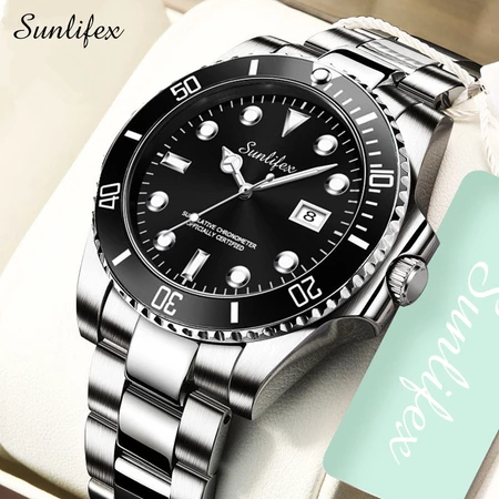 Sunlifex Jam Tangan Pria 9001-A Anti Air Original Kalender Kuarsa Tali Stainless Steel Bercahaya Jam