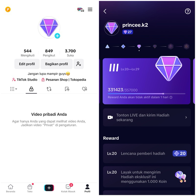 Akun tiktok gift level 26 murah