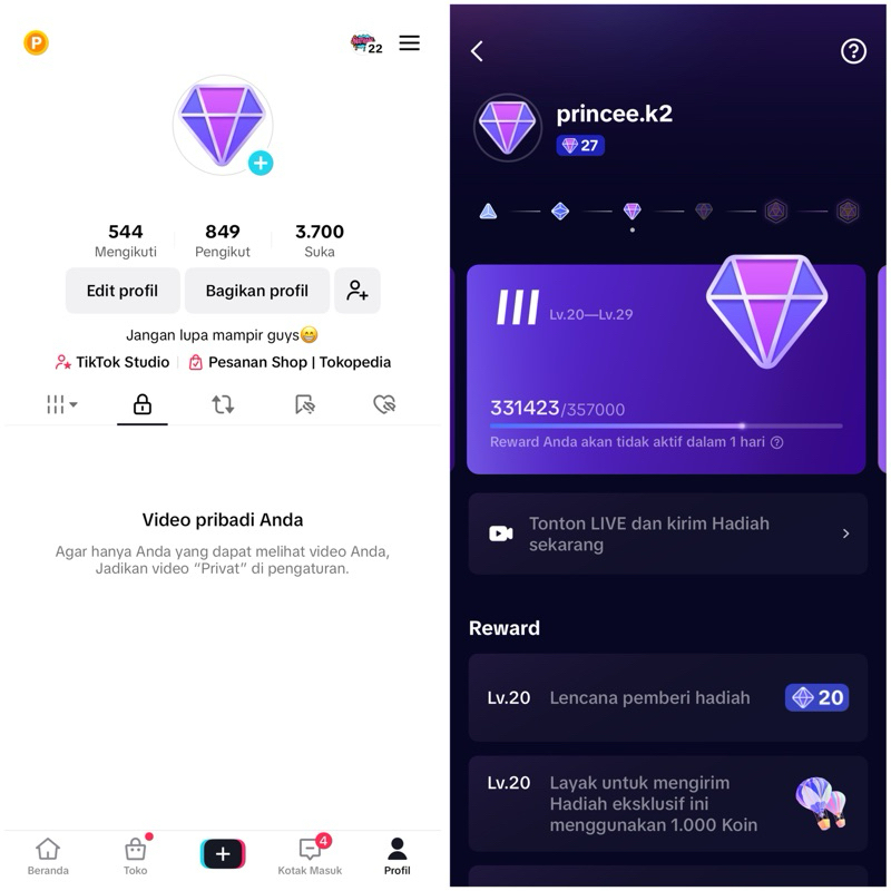 Akun tiktok gift level 27 murah