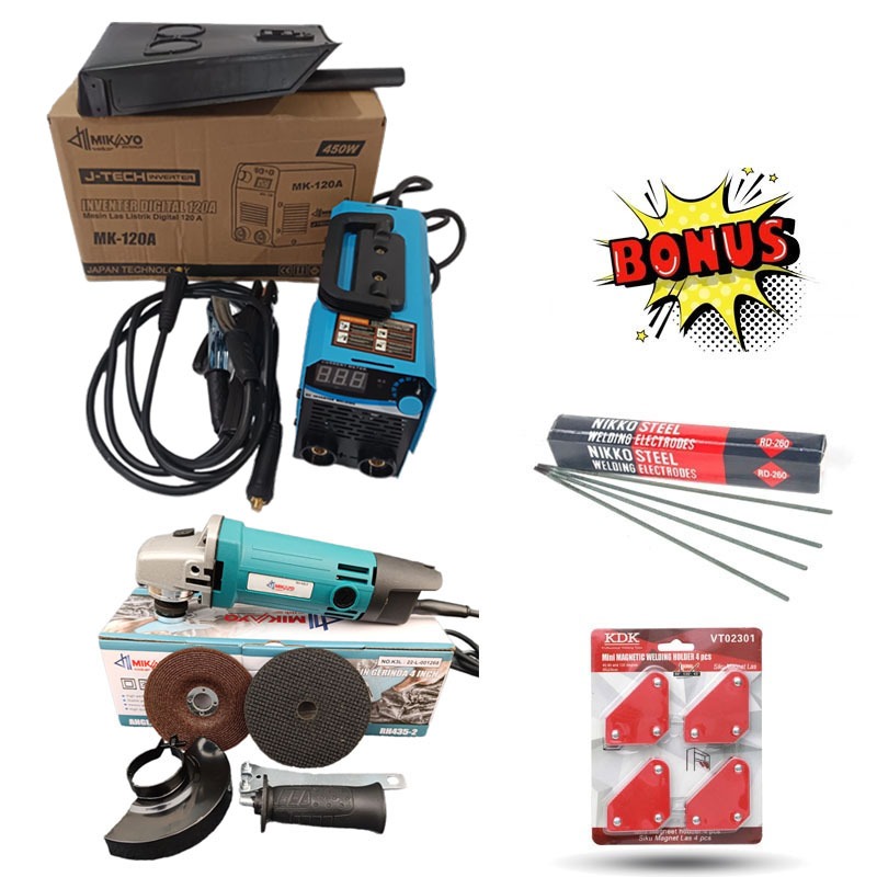 PAKET HEMAT  MESIN LAS REDFOX 120A-450W INVERTER+ MESIN GERINDA + MESIN BOR 10MM VARIABLE / BOLAK BA