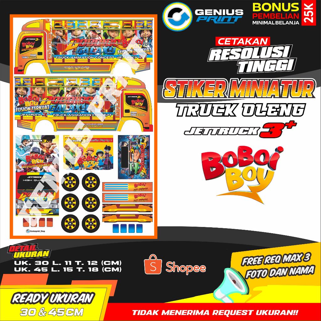 Stiker A3 Miniatur Truk Oleng Livery Animasi Kartun Motif Boboiboy | Dragon Ball | Free Fire | Froze