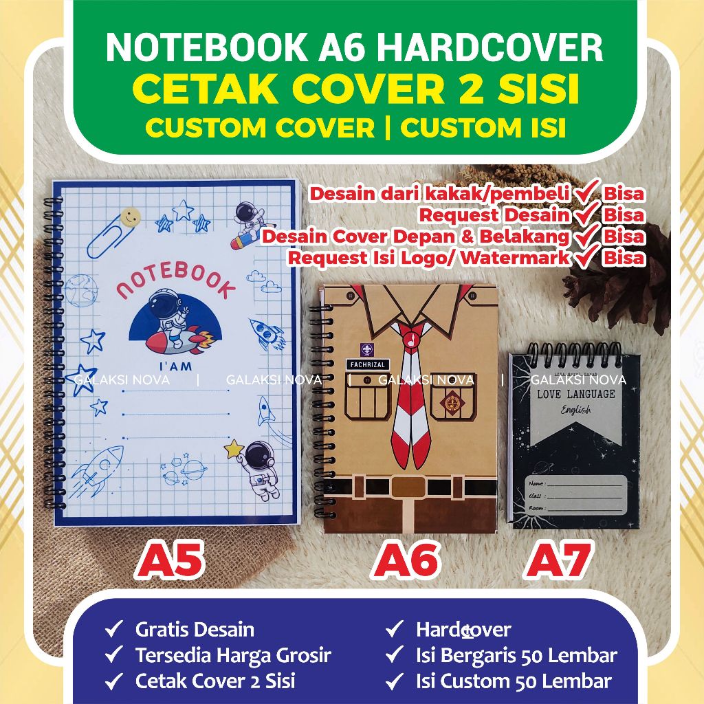 

Notebook Custom 2 Sisi A6 Hardcover Bergaris 100 Halaman [50 Lembar] | NOTEBOOK SEMINAR SEKOLAH KANTOR CUSTOM DESAIN | NOTEBOOK CUSTOM GRATIS DESAIN | CETAK BUKU A5 CUSTOM | BUKU CACATAN KERJA | NOTEBOOK SPIRAL MURAH | NOTEBOOK REQUEST DESAIN