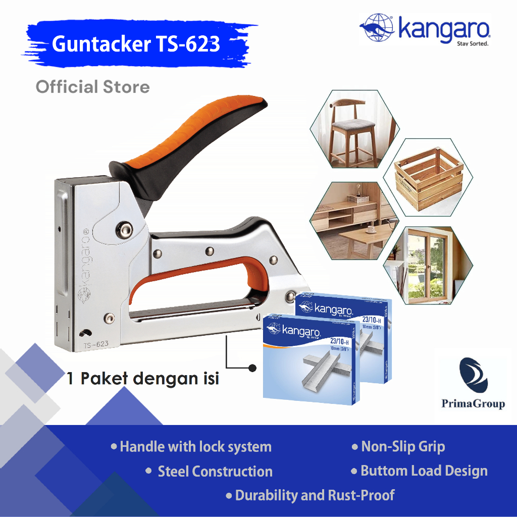 

( 1 PAKET GUNTACKER + ISI ) Alat Staples Tembak Jok Kulit Motor / Stapler Gun + Isi Staples 23/10 / Hekter Tembak / Stapler Kayu / Guntacker TS 623 Kangaro