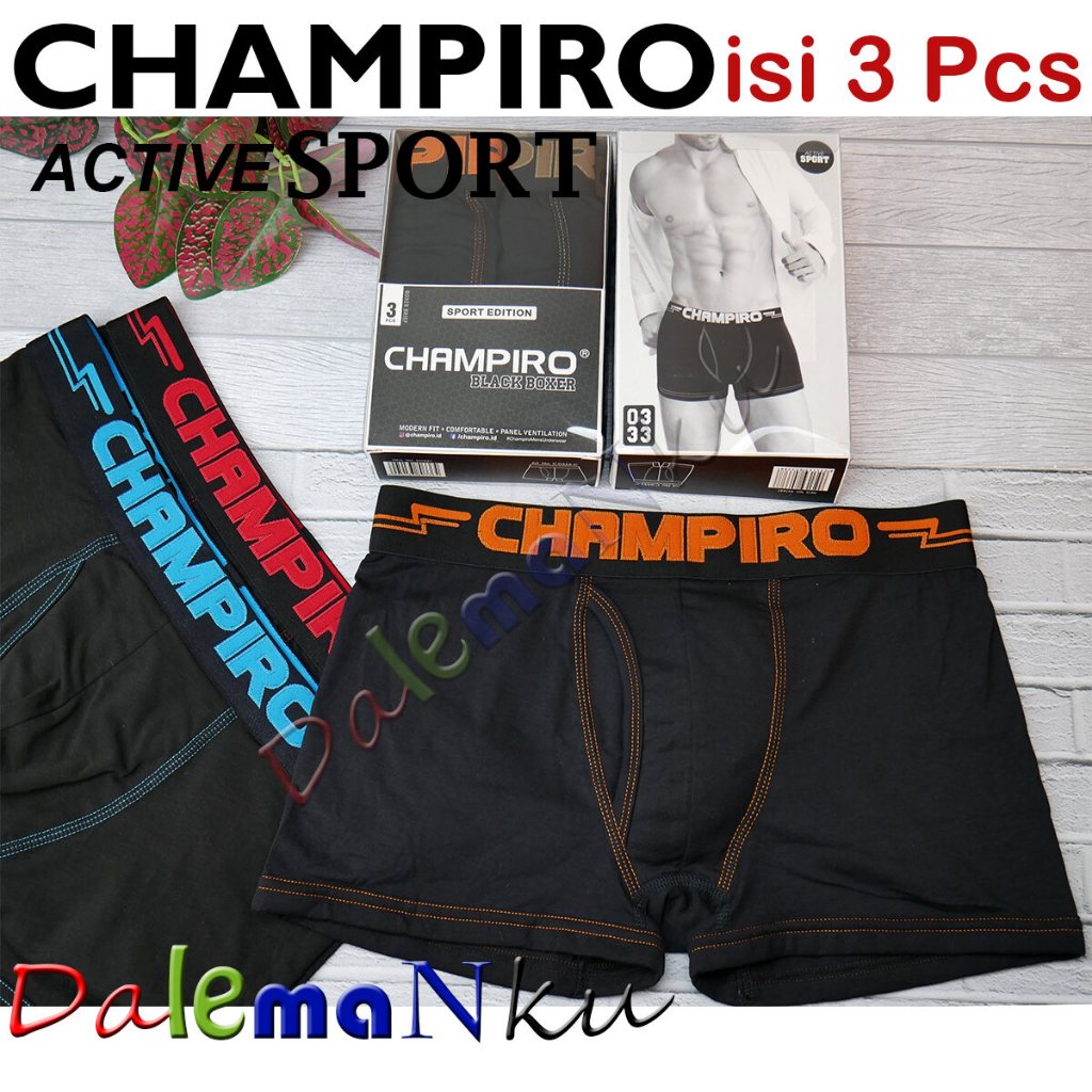 Champiro Active Sport Black Edition isi 3 Helai Boxer Pria