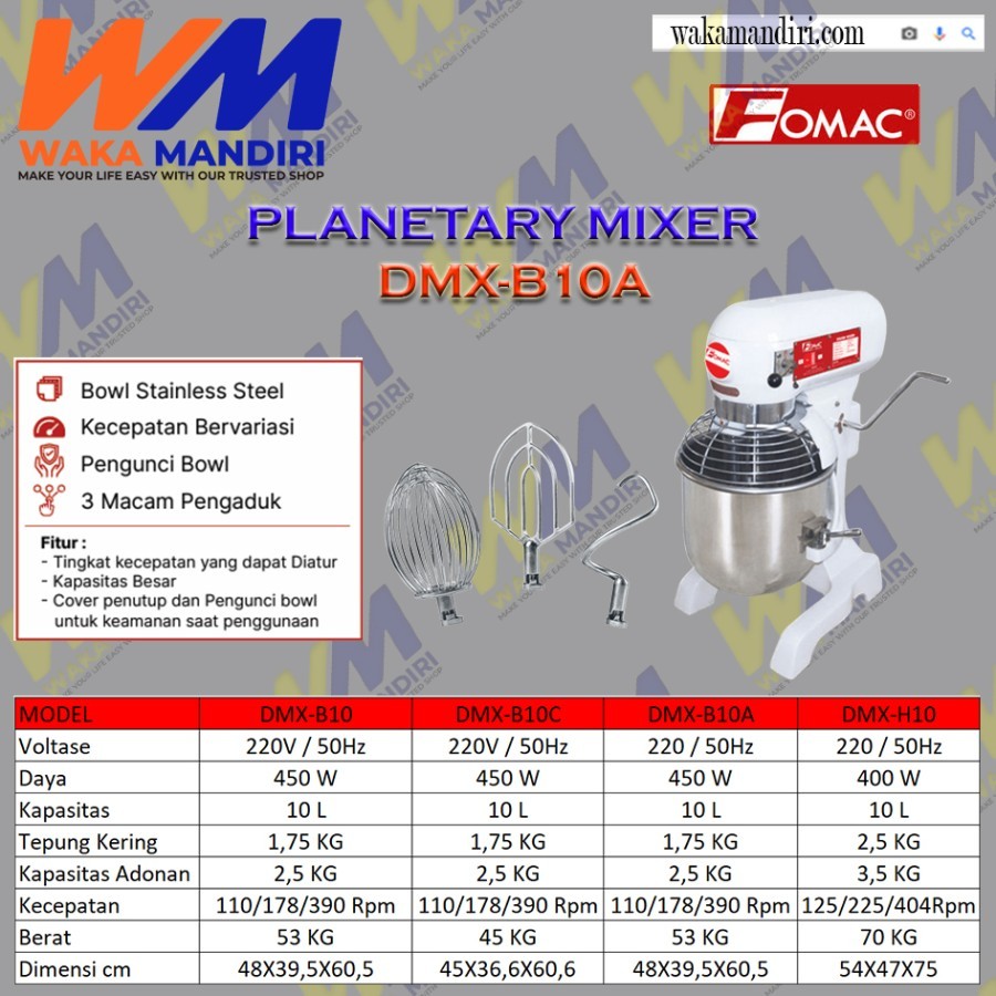 Planetary Mixer Fomac 10 Liter DMX-B10, Mixer Roti 10 Liter DMX - B10