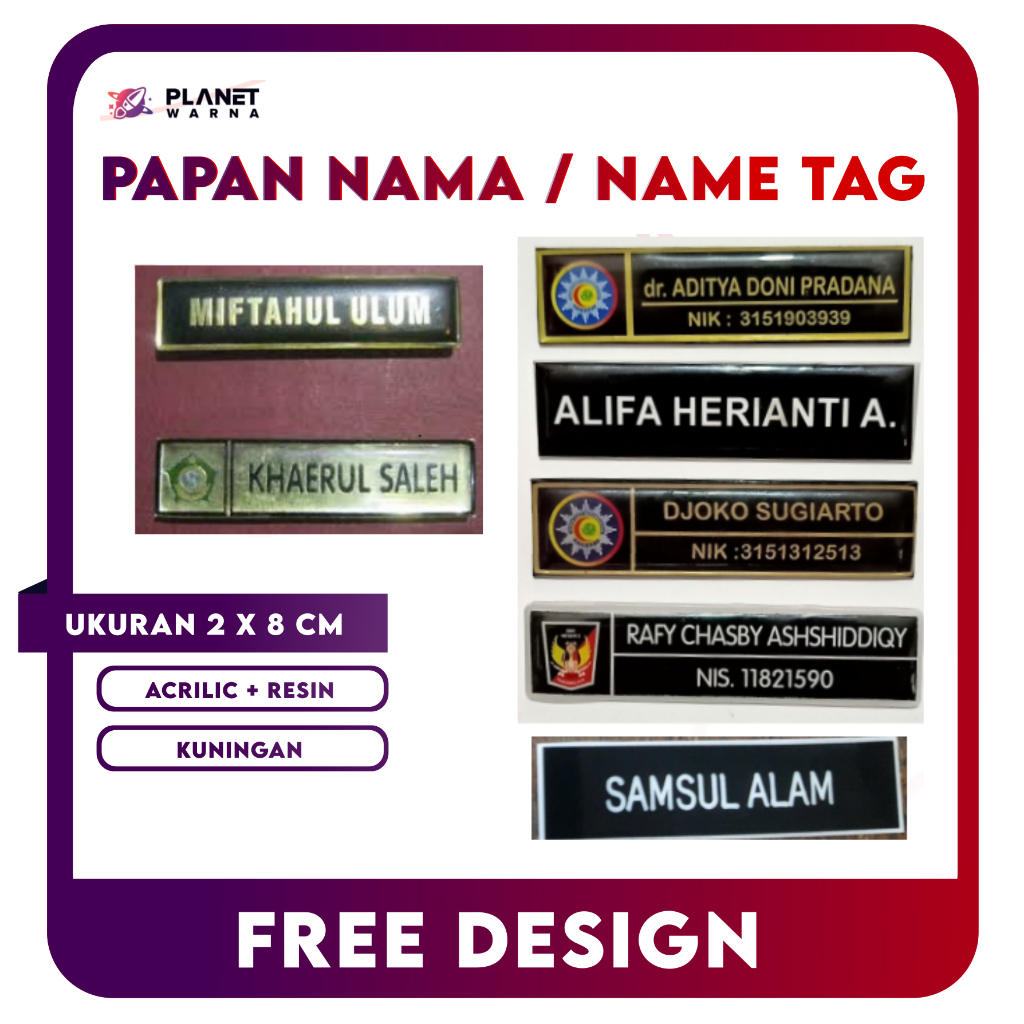 

Name Tag /Nama Dada /Akrilik-Kuningan-Stainless-Peniti-Magnet